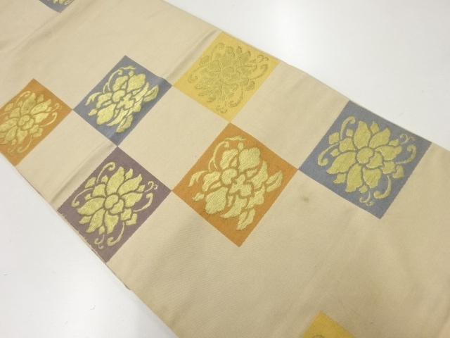 JAPANESE KIMONO / ANTIQUE FUKURO OBI / SILK / WOVEN CHECKERED & FLOWERS